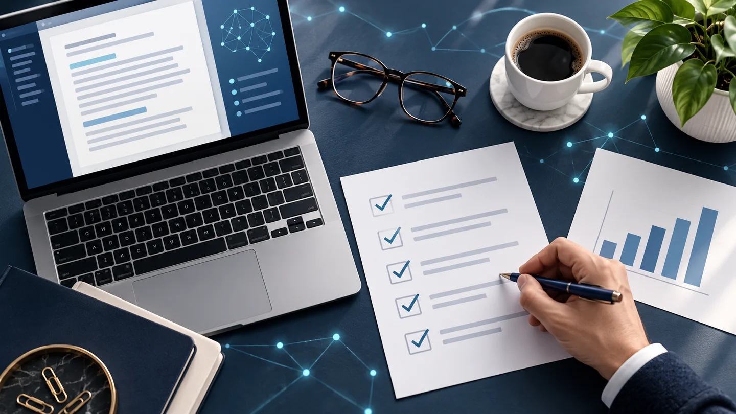 Illustration of a person reviewing a draft and checklist beside eyeglasses